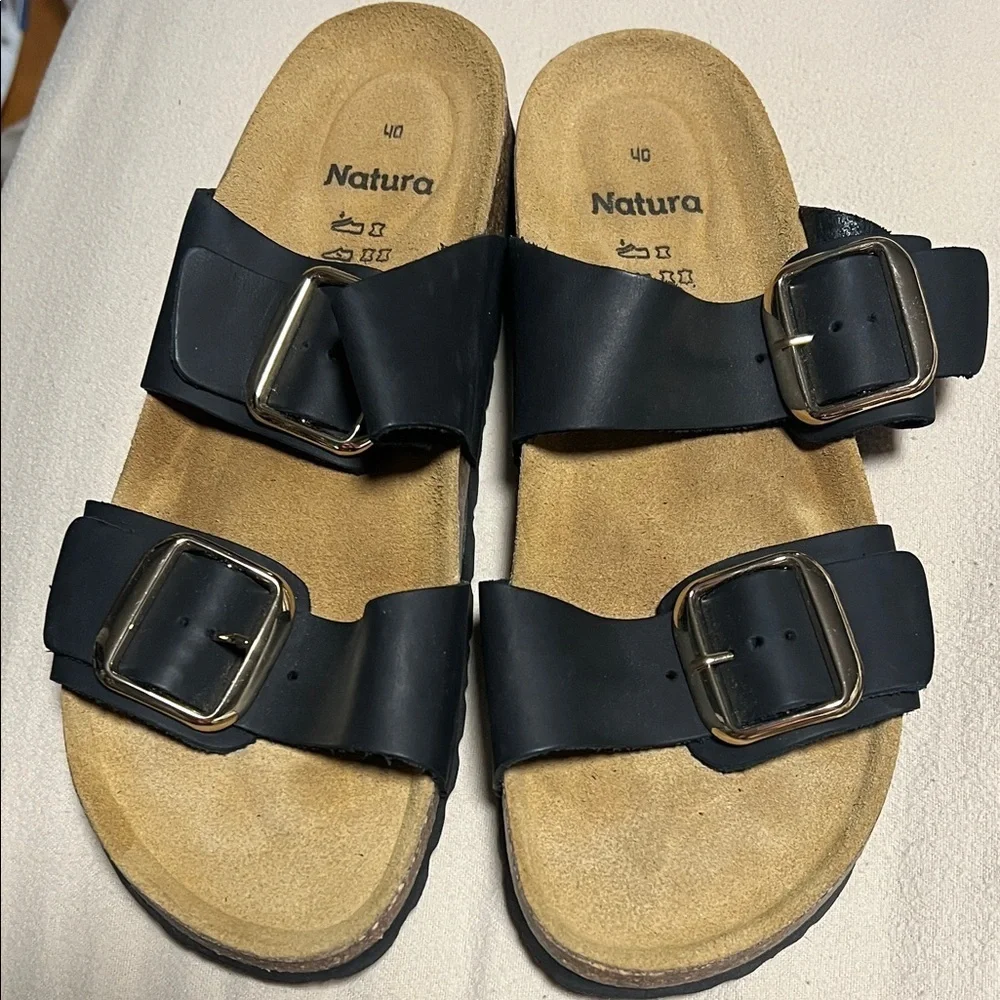 Natura women’s Black Sandals with Gold Buckles NEW